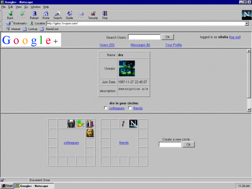 gplus 04 520x390 Check out how Facebook, Google+ and YouTube would have looked & worked in 1997