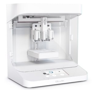 A boxy white machine with nozzles suspended over a printing platform and the text Cellink on the side.